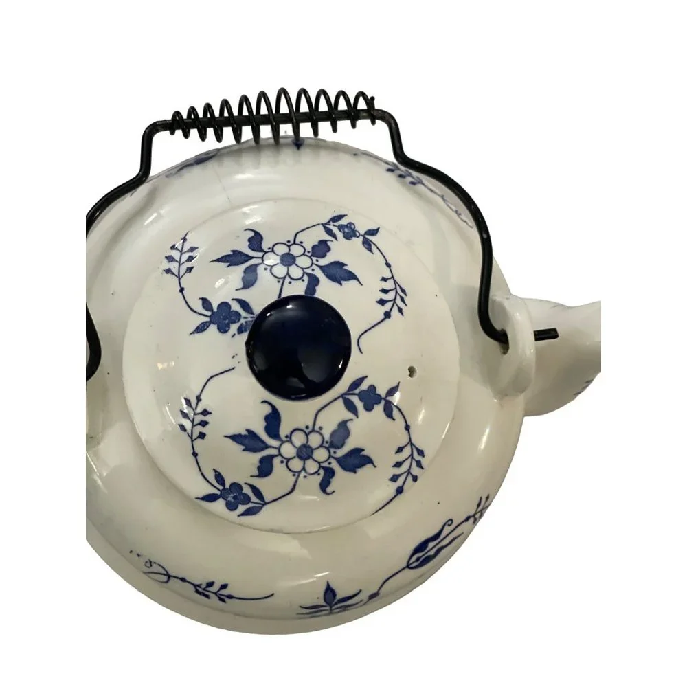 Vintage Blue and White Teapot with‎  Spiral Metal Handle